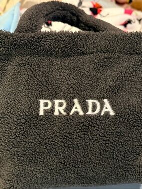 Prada Black Fleece Tote Bag with White Embroidered Logo